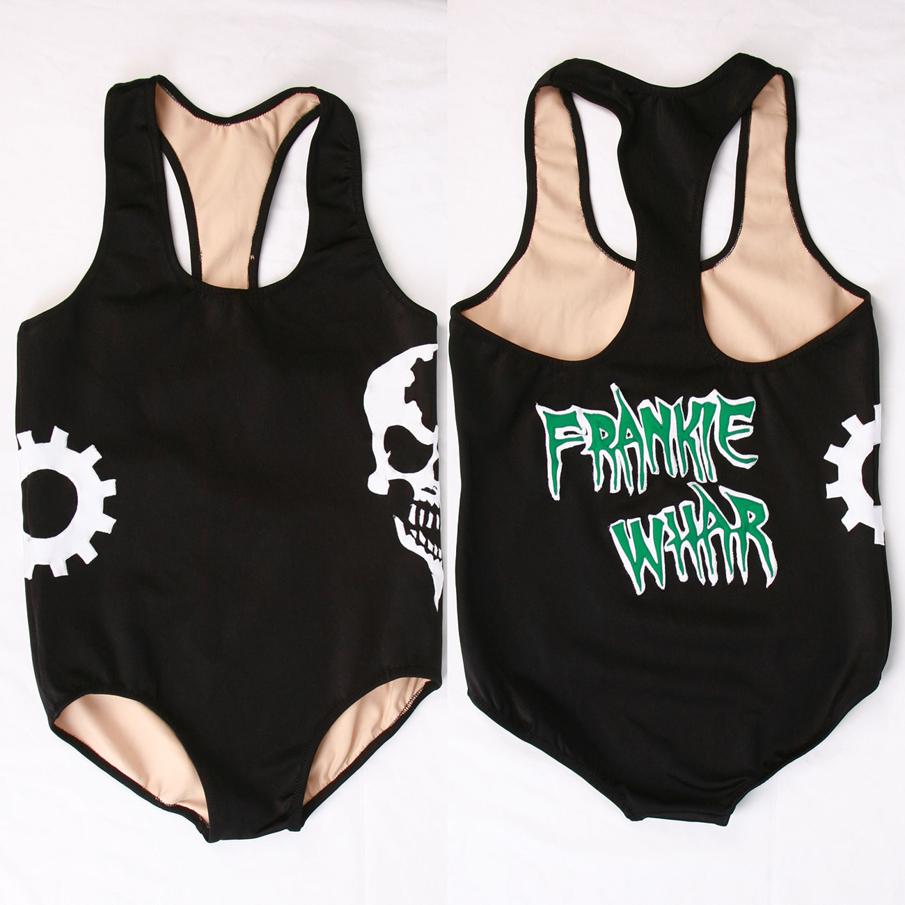 Front and back views of a custom wrestling singlet with appliqued lettering on the back.