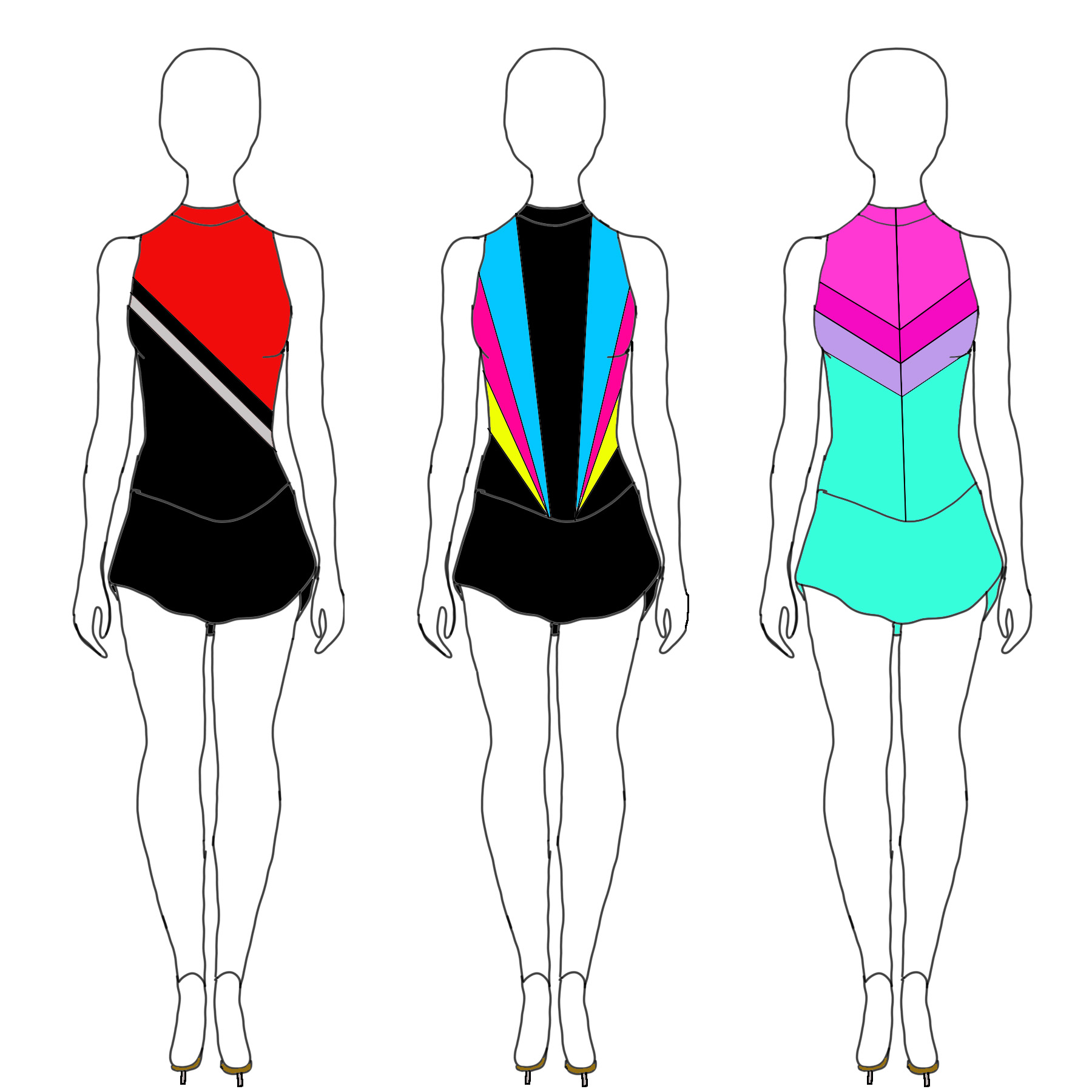 3 sketches of colour blocking designed skating dresses in various colours.