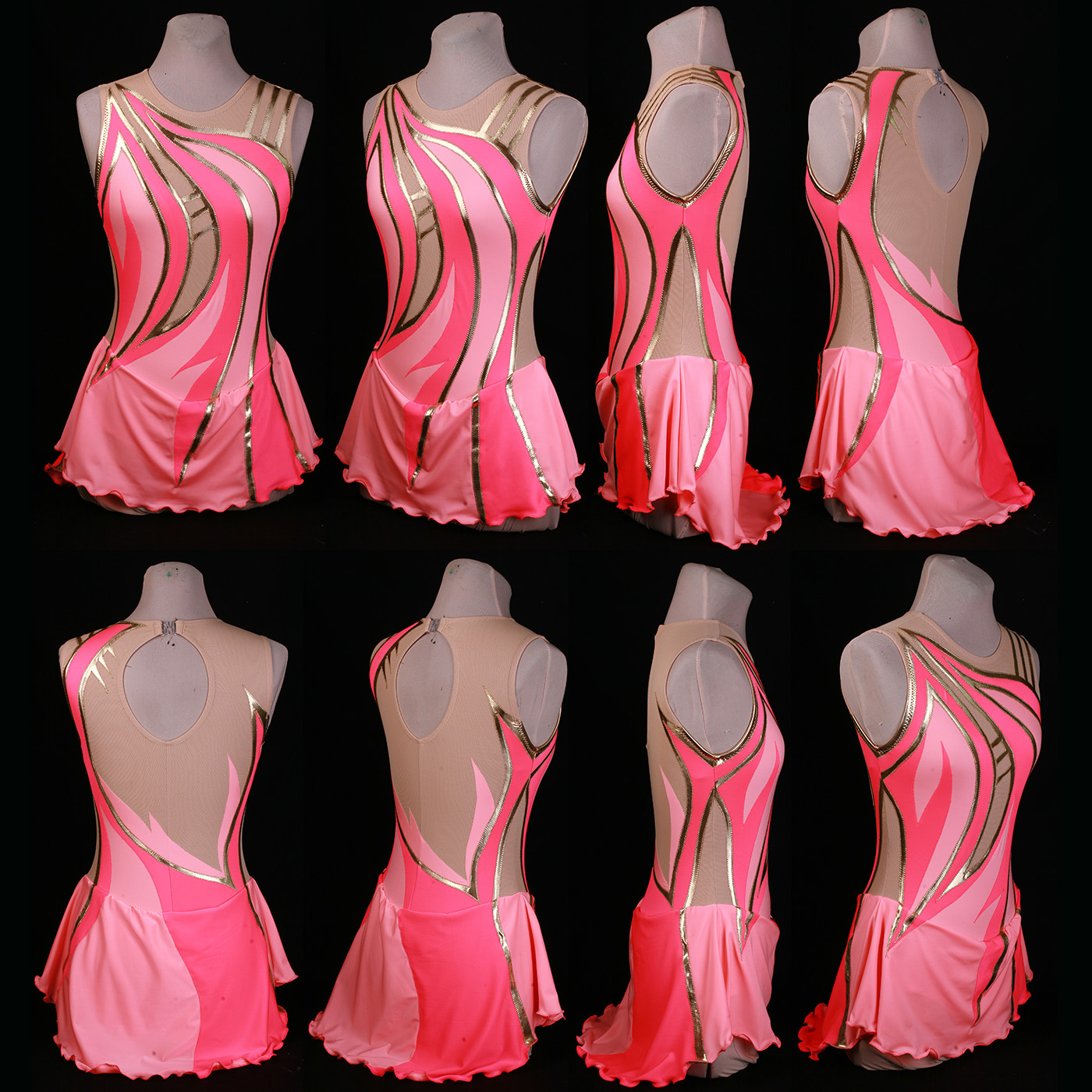 A salmon and pink coloured custom figure skating dress with gold foil accents.