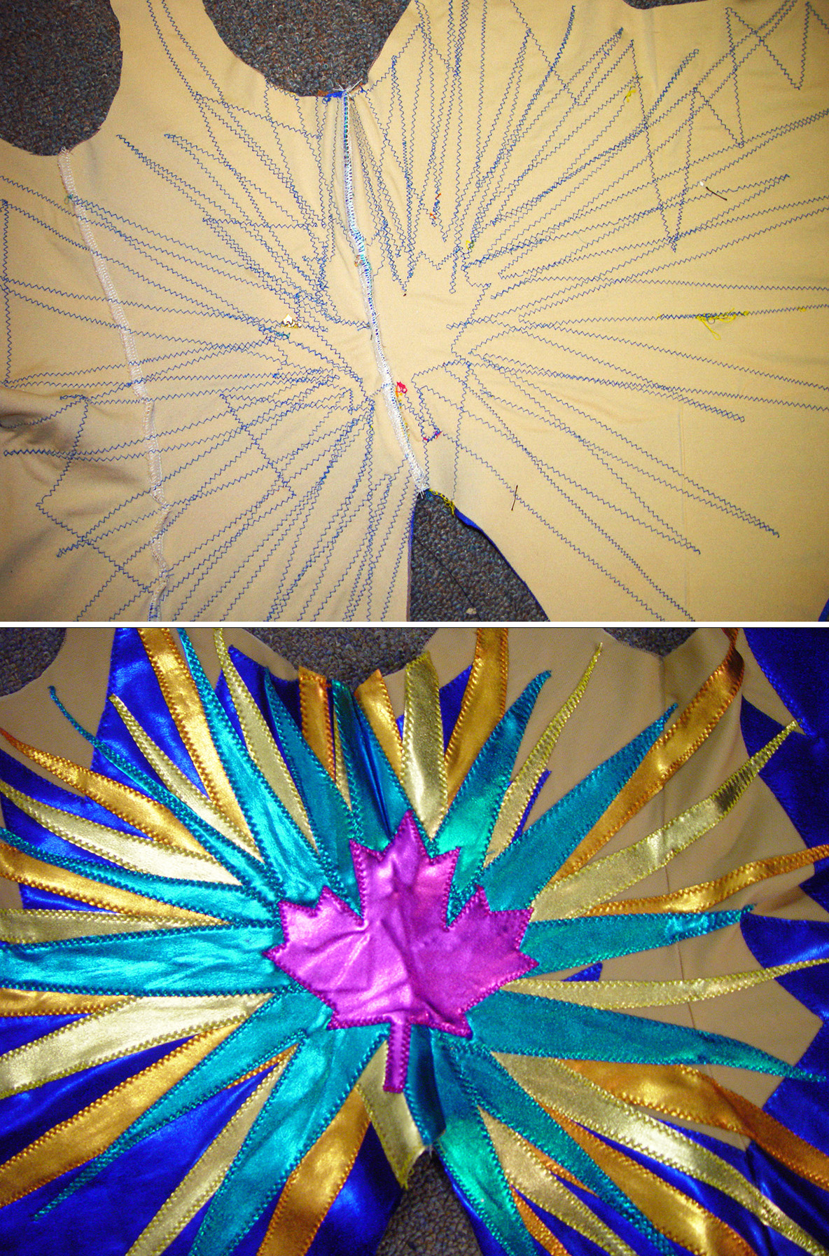 Front and back views of an intricate spandex applique design on a custom synchro swimsuit.